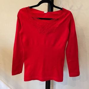 Fitted Stretch Thermal Fleece Lined Lace Neckline Blouse